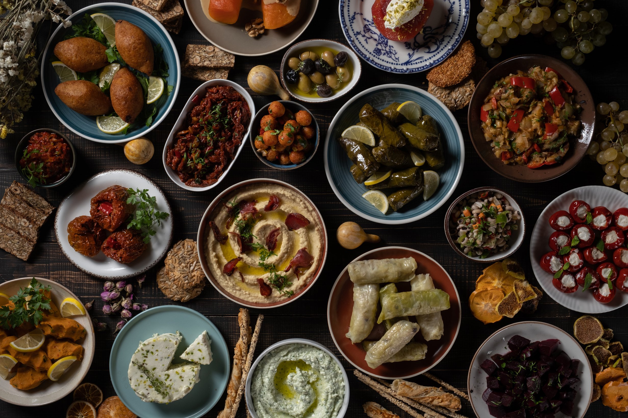 Different Turkish Mezes Served on Table